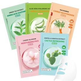 Face Masks Skincare, 5 Pcs Sheet Masks, Hydrating Facial Mask for All Skin Types, Long-lasting Moisturizing, Soothing, Even Skin Tone (Aloe Vera, Carrot, Cactus, Green Tea,Cherry Blossom)