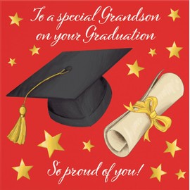 Hunts England - Grandson Graduation Congratulations Card - Mortar Board And Scroll - To A Special Grandson On Your Graduation - So Proud Of You! - Stars Collection - Fun Card