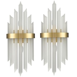 HOLKIRT Modern Gold Wall Sconces Set of Two Crystal Wall Sconce 2-Light Wall Light Fixtures for Living Room Bedside Hallway Stairway Kitchen with Frosted Glass,E12 Base