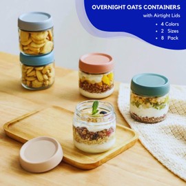 8 Pack Overnight Oats Containers with Lids, Stackable Glass Mason Jars with Airtight Lids, Wide Mouth Food Storage, Salad Meal Prep, Oatmeal Container to Go, Chia Seed Pudding Jars, 16oz 10 oz