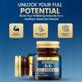 Nutraxin Vitamin D3 K2, 120 Tablets - Vitamin D3 1000 IU & 25 mcg Vitamin K2 to Contributes to the normal function of the Immune System , maintenance of normal bones - 1 Tablet Daily, 120 Servings