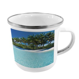 Ambesonne Ocean Steel Camping Mug, Relaxing Beach Resort Spa Palm Trees and Sea Exotic Caribbean Coastline, Printed Thermal Cup for Camping and Outdoor Activities, Turquoise Blue Green