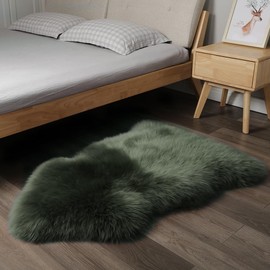 IRIWOOL Premium Genuine Fur Sheepskin Rug Real Australia Sheepskin Natural Luxury Fluffy Lambskin Fur Area Rug Seat Covers for Kids Bedroom Sofa Chair Cover (Military Green, Single Pelt/2ft x 3ft)