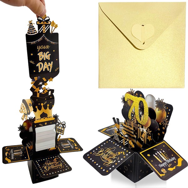 Black Gold Pop Up 70th Birthday Card for Women Man