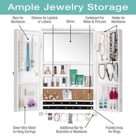 Large Rustic Wall Mounted Jewelry Organizer with Wooden Barndoor Decor. Jewelry holder for Necklaces, Earings, Bracelets, Ring Holder, and Accessories. Includes built-in mirror (Distressed White).