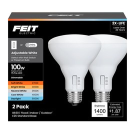 Feit Electric BR30 LED Light Bulb, 100W Equivalent, Dimmable, 1400 Lumens, 5-Color Adjustable White, 90+ CRI, General Purpose Flood & Track Lighting, 25,000-Hour Lifetime, BR30100DM/6WYCA/2, 2 Pack