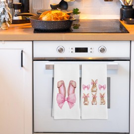 GWFSJYU Coquette Bunny Kitchen Towels Set of 2, Pink Bow Bunnies Dish Tea Towels for Kitchen, Preppy Easter Rabbit Decorative Hand Towel for Bathroom Dorm Room, Bunny Gifts for Girls, 16x24 Inch