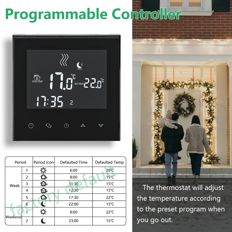 Wengart Home Thermostat Programmable WG03-4,AC230V Max3A Touch Screen LCD Display