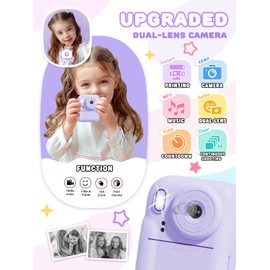 Nevanah Instant Print Camera for Kids, Dual-Lens 1080P Kids Digital Camera Toy Christmas Birthday Gifts for 3 4 5 6 7 8 9 10 Year old Girls & Boys Purple