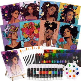 Cholemy 36 Pcs Paint and Sip Kit for Adults 8'' x 10'' Pre Drawn Canvas for Painting DIY Afro Acrylic Couples Painting Kit Wood Easel Brushes Date Night Bulk for Valentine Party Gifts