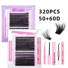 Fluffy Eyelash Extension Kit 320pcs Lash Clusters D Curl 9-16mm Mix 50D 60D kit Lashes with Lash Bond，removing glue and Seal and Remover Lash Applicator for Lash Extension Beginners|Eyelash kit