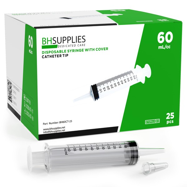 BH Supplies 60mL Syringe Catheter Tip Sterile with Covers - (No Needle) - Sterile, Individually Wrapped - 25 Syringes