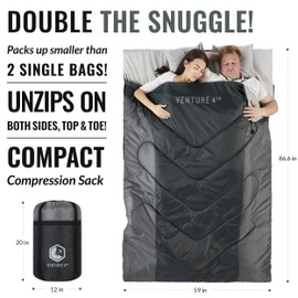 VENTURE 4TH Double 3-Season Backpacking Sleeping Bag, Camping Sleeping Bags for Adults, Kids & Couples - Lightweight, Comfortable, Water Resistant, Ideal for Hiking, Camping & Outdoor - Black/Silver