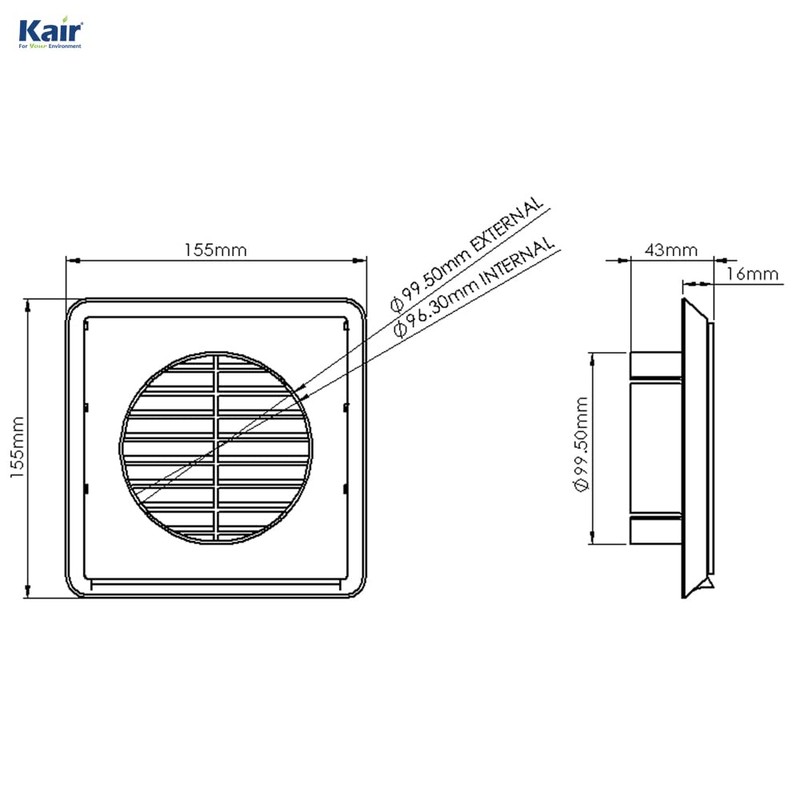 Kair Terracotta Louvred Grille 155mm External Dimension Wall Ducting Air