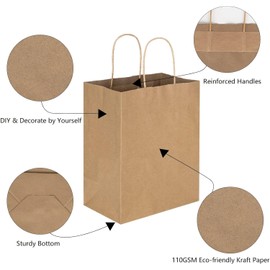 Jet Paper Bags - 200 Pack 11x6.5x11 Inch Medium Plain Brown Kraft Paper Bags with Handles Bulk, Gift Wrap Bags for Favors Grocery Retail Party Birthday Shopping Business Goody Craft Merchandise Take Out Sacks (Brown, Pack of 200)