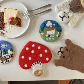 2 PCS Mushroom Coasters, Handmade Cute Mushroom Wool Felt Coasters Cottagecore Kitchen Fairycore Decoration