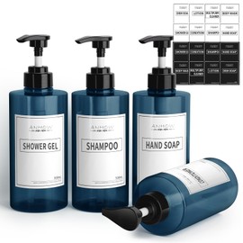 Anhow Set of 4 500 ml Soap Dispenser, Empty Shower Gel Dispenser with 16 Category Labels for Shower/Kitchen/Bathroom - Blue