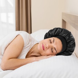 Tyqour Silk Hood for Sleeping Night Sleep Cap Satin Bonnet Double Layer Soft Silk Bonnet Sleep Cap Adjustable Silk Sleep Cap with Elastic Band for Women Men Children, black