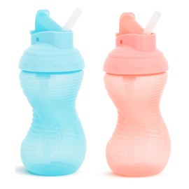Munchkin Mighty Grip Flip Straw 10oz Sippy Cups - Durable, BPA Free, Straw Cup with Contoured Design & Leak-Proof Soft Silicone Straw - Toddler Straw Cups (Coral/Green)