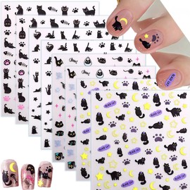 Black Cat Nail Art Stickers, 8 Sheets, Cute Cat Nail Stickers,Cartoon Animal Self-Adhesive Nail Decals Supplies Cute Cartoon Manicure Sliders for Women Girls Nail Art Decorations