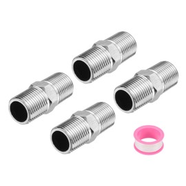 sourcing map 4pcs Hex Nipple Stainless Steel Pipe Fitting G1/2" Male x G1/2" Male Threaded Pipe Adapter Pipe Connector with PTFE Tape for Water, Gas, Fuel Pipeline (Silver Tone, 50mm/2")