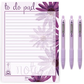 Ashton and Wright - Daily to do Pad - A5 Cape Daisy Desk Planner Organiser with 3 Pastel Purple Smooth Z-Grips