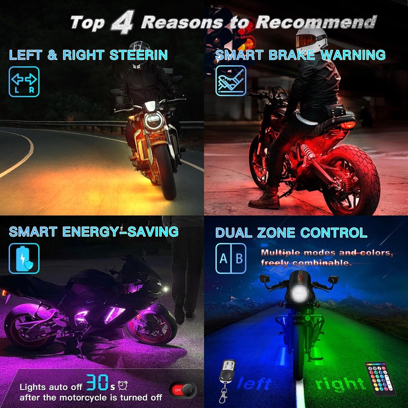8PCS Double Row Motorcycle RGB LED Light Kits with Brake