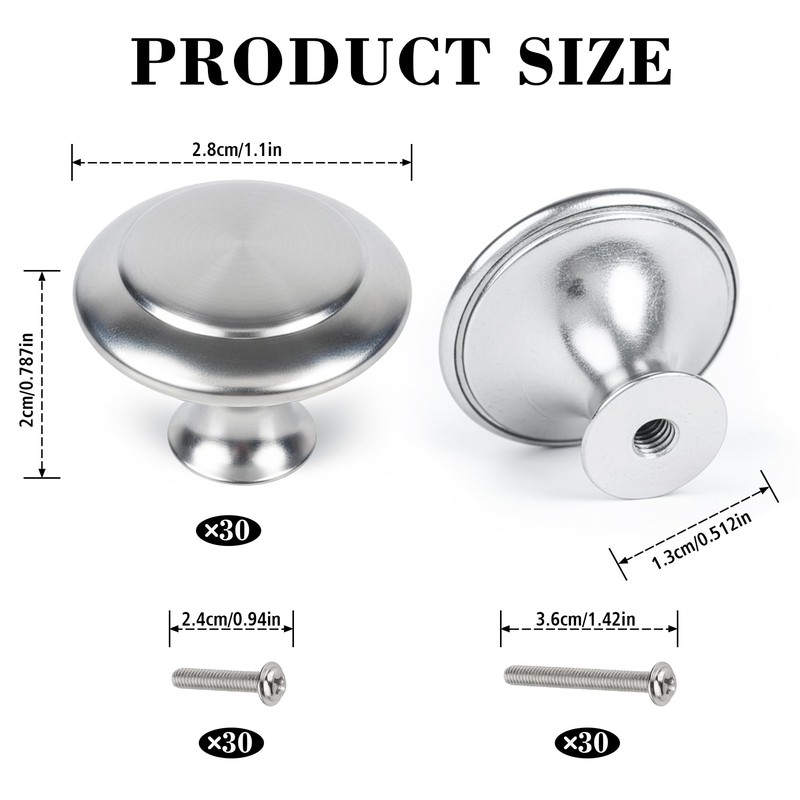 CHEF TIME 30 Packs Kitchen Cabinet Knobs Brushed Nickel Silver-Pull