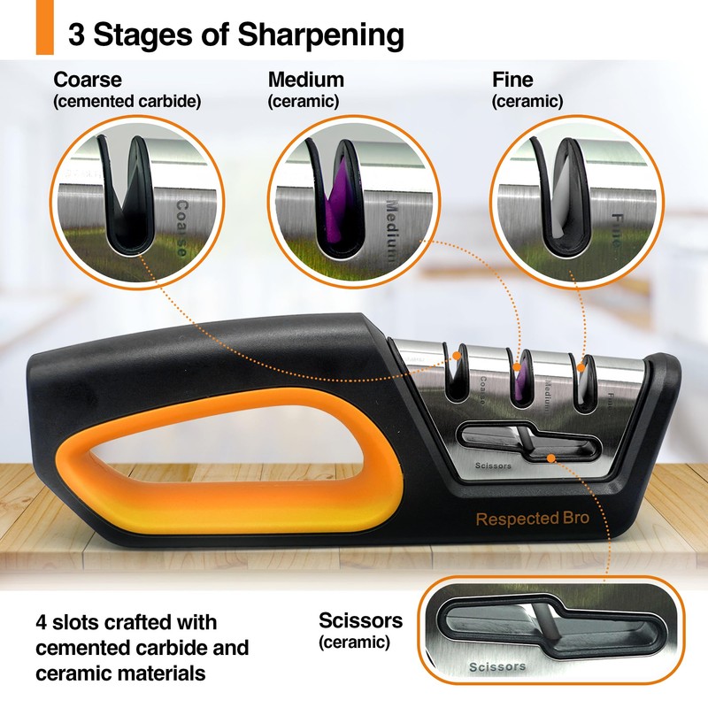 RESPECTED BRO 4-in-1 Knife and Scissors Sharpener, Premium Kitchen Knife