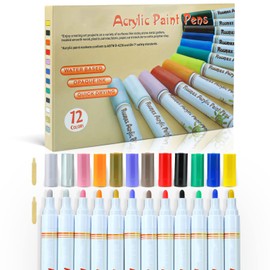 GONE Acrylic Paint Pens, 12 Pack Pen for Rock Painting, Canvas, Photo Album, DIY Craft, School Project, Glass, Ceramic, Wood, Metal, Craft Making Supplies. Water-based Marker Pens.