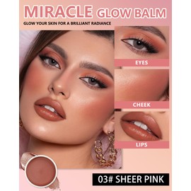 Miracle Glow Balm - Hydrating Tinted Cream Blush, Multi-Use Glow Face Balm Makeup for Cheek & Eye & Lip Tint, Creamy Lightweight Blendable Shimmer Blusher, Radiant Skin Finish, 03# Sheer Pink