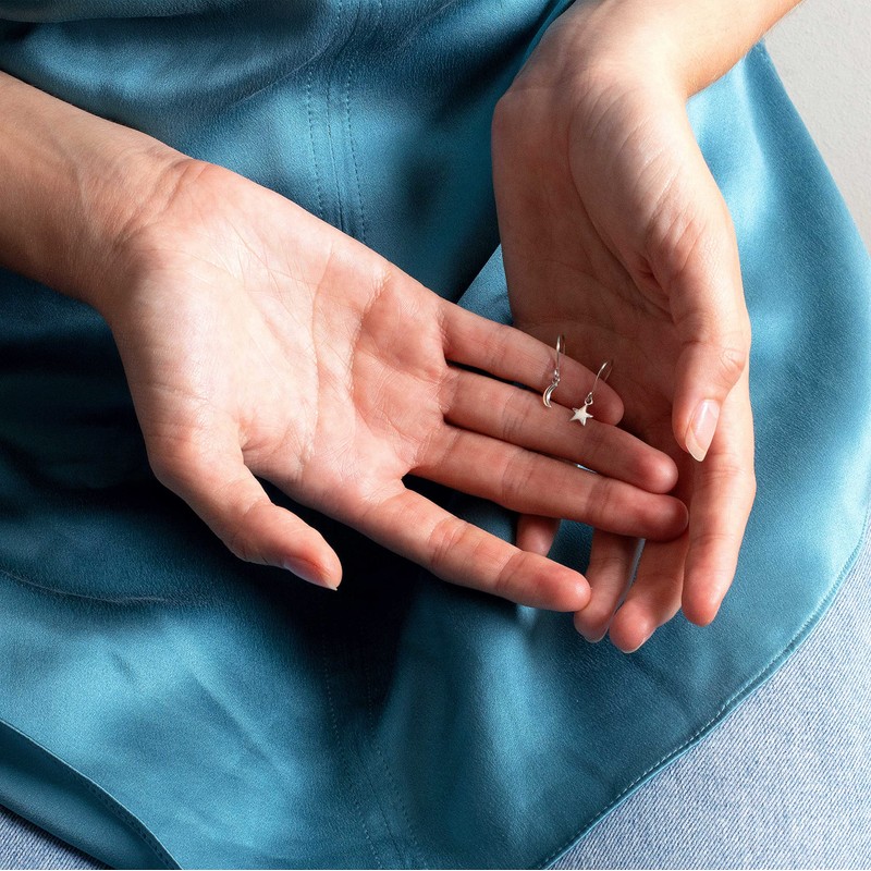 Dew Sterling Silver Mismatch Moon and Star Drop Earrings