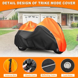 CoukouCover Trike Cover, Trike Waterproof Cover Heavy Duty Sun and Rain Proof Motorcycle Cover with Reflective Strip and Antenna Holes for Harley Honda Yamaha Kawasaki 108 Inch (Black Orange)