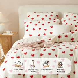 Nayoroom Fluffy Duvet Cover Set Twin Size Faux Fur Velvet Flannel Red Heart Printed Comforter Cover 2 Pcs Winter Warm Luxury Soft Shaggy Plush Fuzzy Bedding Set with Zipper Closure