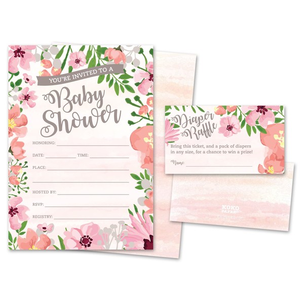 Baby Shower Invitations and Diaper Raffle Tickets. Set of 25 Pink Floral Fill In The Blank Style Cards, Envelopes, and Raffle Tickets.