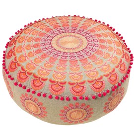 Mandala Life ART Floor Cushion Large with Ponpon Boho Chic Pink Floor Stool Round Seat Cushion High Round Stool Pouf High Boho Ottoman Decoration 100% Cotton Unfilled 60 x 20 cm