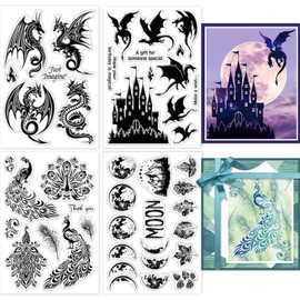 GLOBLELAND 4 Sheets Dragon and Peacock Clear Stamps for Card Making Magic Moon Silicone Stamp Transparent Stamps for DIY Scrapbooking Journals Decorative Photo Album