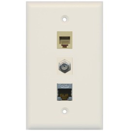 RiteAV - 1 Port Coax Cable TV- F-Type Phone RJ11 RJ12 and Shielded Cat6 Ethernet Wall Plate - Light Almond