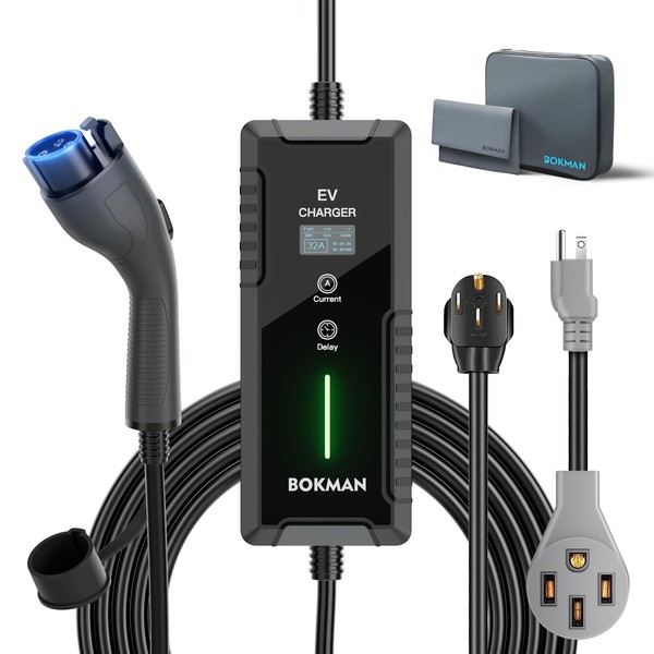bokman Portable Level 2 EV Charger (240V, 32A) with 25ft Charging Cable and NEMA 14-50 for SAE-J1772 Electric Vehicles Current Adjustable and Reservation Charging Function
