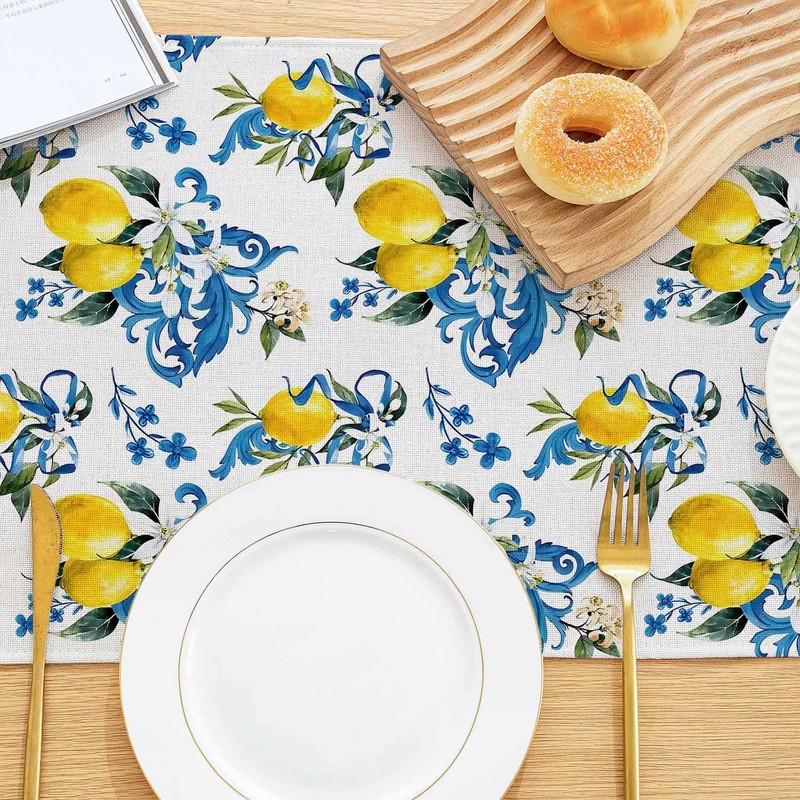 Kiatuniya Lemon Table Runner Blue Orange Yellow Lemon Decorative Table