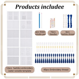 FREEBLOSS 26 Pcs Sashiko Embroidery Pattern Stabilizers Set Water Soluble Embroidery Patterns Sashiko Kit Includes Sashiko Thread Needles and Fabric Sashiko Kit for Beginners Embroidery Lovers