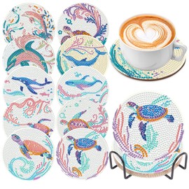 EWJRNSF 10 PCS Diamond Art Coasters Kit, Small Diamond Painting Coasters, Fall Diamond Art Kits for Adults Beginners, Arts and Crafts Supplies Item Sets with Holder Ocean