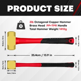 C&T 3lb Brass Sledge Hammer,Non-Sparking,Comfortable Fiberglass Handle,3-Pounds,Non-Magnetic,Corrosion Resistant