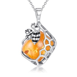 TIGER RIDER Bee Amber 925 Sterling Silver Necklace Honeycomb Pendant Jewelry Gift for Women Birthday Christmas
