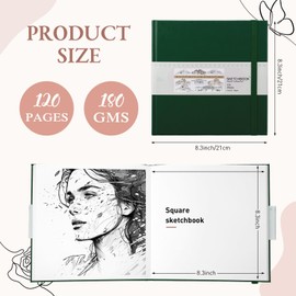 Moinchore Square Sketchbook 8 x 8 Inch Hardcover Art Sketch Book Drawing Papers 120 Pages, Mixed Media Journal Notebook with Elastic Closure Sketchbook for Drawing(Green)