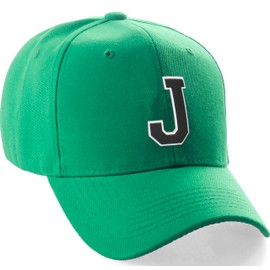 Classic Baseball Hat Custom A to Z Initial Team Letter, Green Cap White Black Letter J