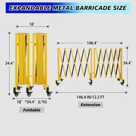 JTZFD 12.2FT Industrial Metal Expandable Barricade，Retractable Traffic Fence with Casters, Folding Security Gate，Portable Barricade Gate for Construction Area, Traffic Control, Cordon