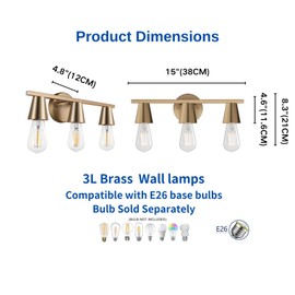 CRAFTRONOS 3-Light Modern Brass Wall Sconces Lighting with Metal Shade, Matte Gold Vanity Light Over Mirror, Rustic Industrial Bathroom Light Fixtures for Living Room Hallway Kitchen Porch E26 Base