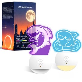 Joigivit Dual-Head Shark Smart Night Lights [2 Pack] - 3000K Auto-Sensor Warm Light & 7-Color RGB Key-Control | Cute Room Decor, Bedroom, Bathroom Gift