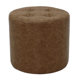 Factory Direct Partners Tufted Round Accent Ottoman; Distressed Faux Leather, Hand Upholstered Commercial-Grade Furniture for Home or Office; Seating, Footstool, Side Table Use - Pecan, 14045-321